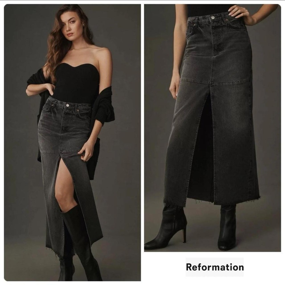 Reformation Jeans Tazz Maxi Denim Distressed  Skirt Gray Black Size 26 NWOT